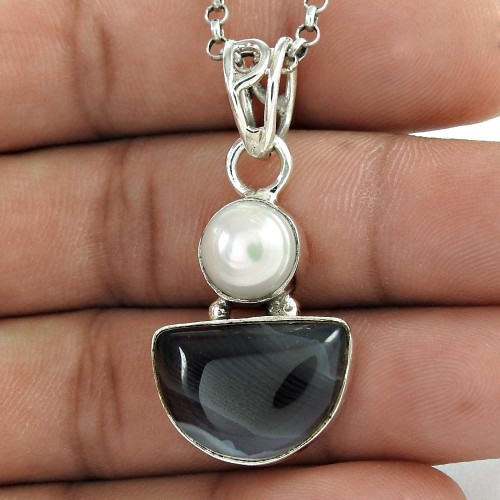 Sterling Silver Indian Jewellery High Polish Striped Onyx, Pearl Gemstone Pendant Wholesale Price