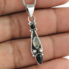Secret Creation Rainbow Moonstone, Black Onyx Gemstone Sterling Silver Pendant Jewellery