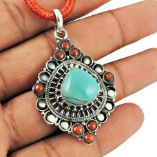Indian Sterling Silver Jewellery Fashion Coral, Turquoise Gemstone Pendant