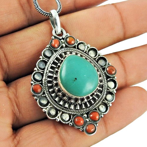 Sterling Silver Jewellery Ethnic Coral, Turquoise Gemstone Pendant