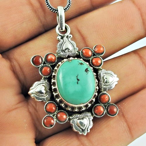 925 Sterling Silver Jewellery Traditional Coral, Turquoise Gemstone Pendant