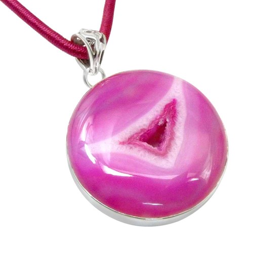 Chunky ! Pink Druzy 925 Sterling Silver Pendant