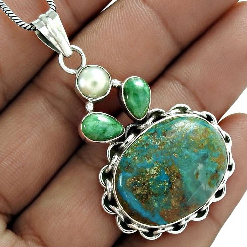 Scenic 925 Sterling Silver Chrysocolla Pearl Emerald Gemstone Pendant Jewelry
