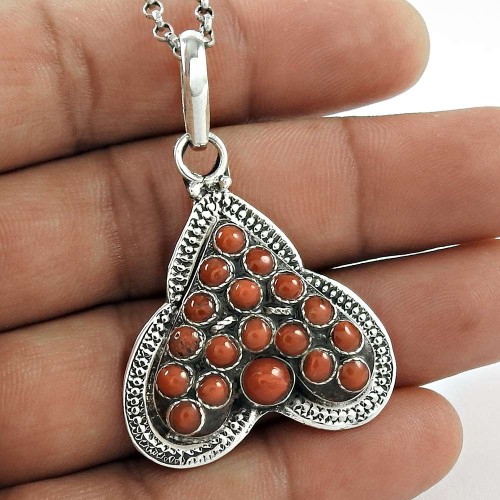 925 Sterling Silver Indian Jewellery Traditional Coral Bohemian Pendant Fabricante