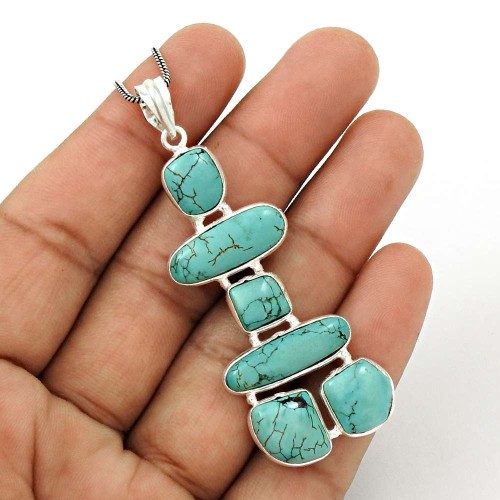 Rare 925 Sterling Silver Turquoise Gemstone Inukshuk Pendant Antique Jewelry K16