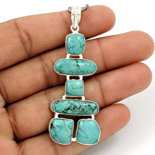 Scenic 925 Sterling Silver Turquoise Gemstone Inukshuk Pendant Traditional Jewelry S16
