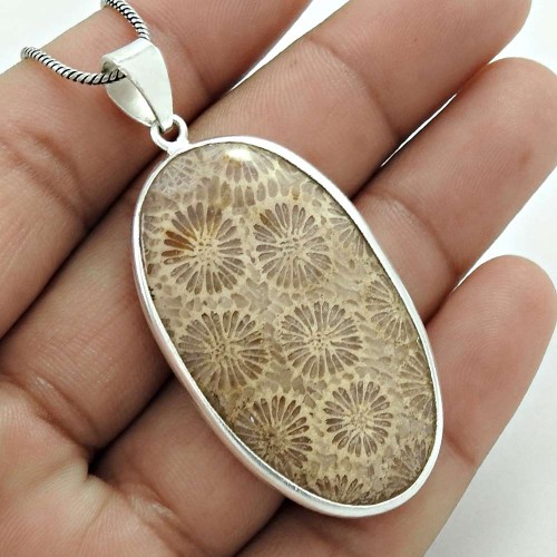 Women Gift For Her 925 Silver Jewelry Fossil Coral Gemstone Pendant II90