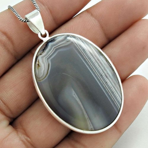 Gift For Wife Striped Onyx Gemstone Jewelry 925 Fine Silver Pendant MM91