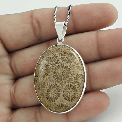 Fossil Coral Gemstone Jewelry 925 Solid Sterling Silver Pendant O38
