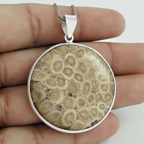 Fossil Coral Gemstone Pendant 925 Sterling Silver Jewelry U17