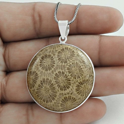 Fossil Coral Gemstone Pendant 925 Sterling Silver Fine Jewelry V61