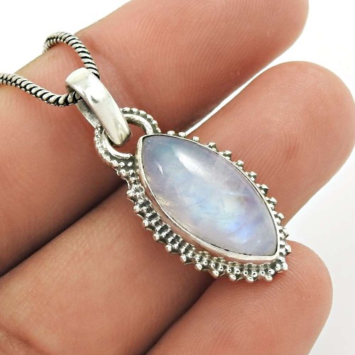Natural RAINBOW MOONSTONE Pendant 925 Solid Sterling Silver HANDMADE QQ63