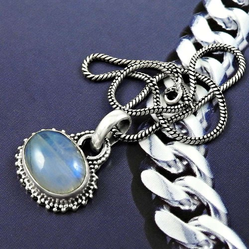 Natural RAINBOW MOONSTONE Pendant 925 Solid Sterling Silver HANDMADE HH64