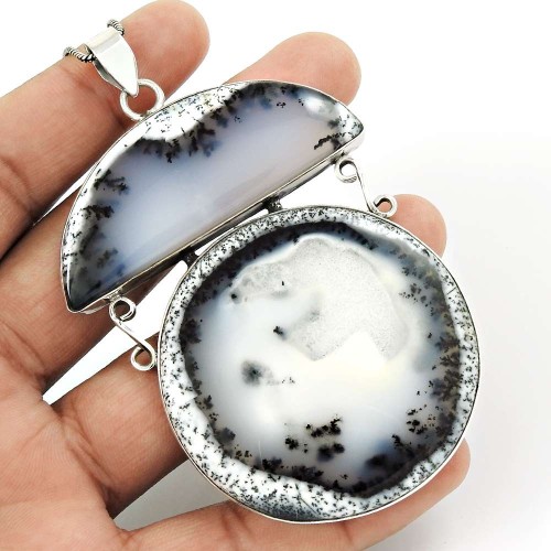 Natural DENDRITE OPAL Pendant 925 Solid Sterling Silver HANDMADE Jewelry SS64