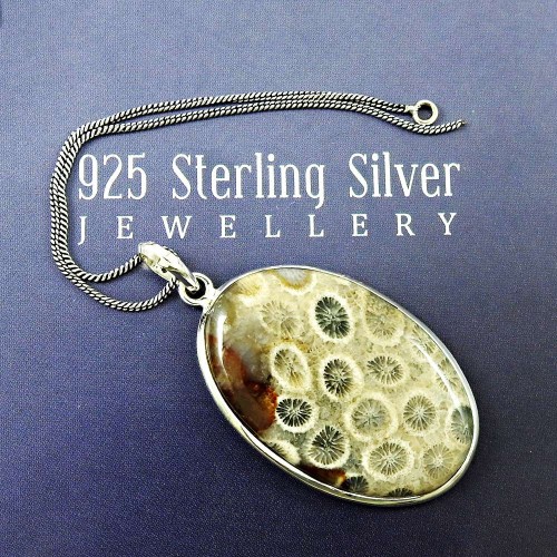 HANDMADE 925 Solid Sterling Silver Jewelry Natural FOSSIL CORAL Pendant DF4