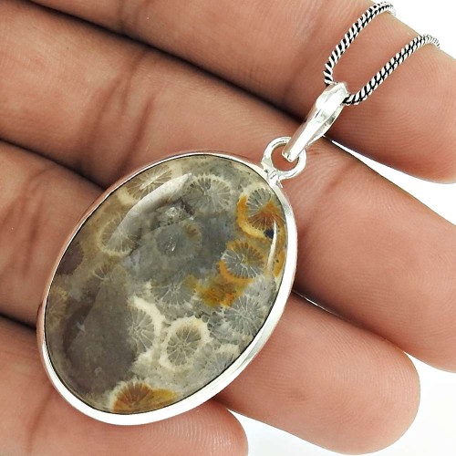 Natural FOSSIL CORAL Pendant 925 Solid Sterling Silver HANDMADE Jewelry GT1
