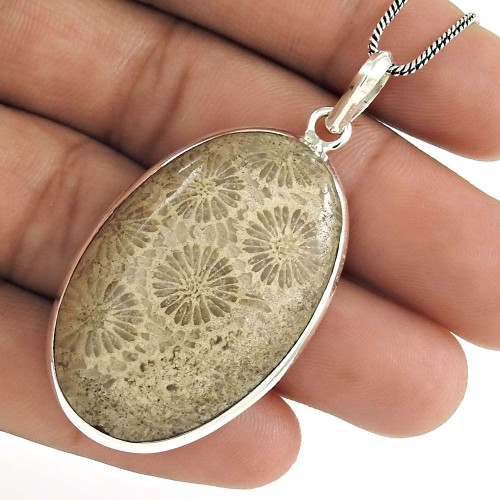 Natural FOSSIL CORAL HANDMADE Jewelry 925 Solid Sterling Silver Pendant KI1