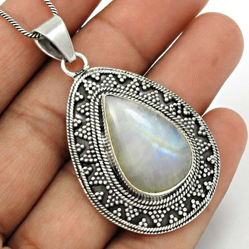 Rainbow Moonstone Gemstone Pendant 925 Sterling Silver Tribal Jewelry PL9