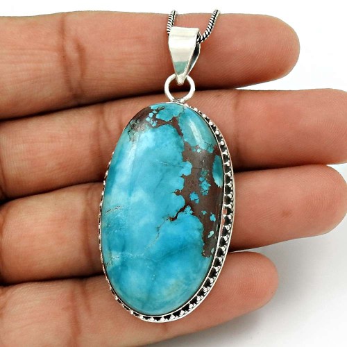 Turquoise Gemstone Pendant 925 Sterling Silver Vintage Look Jewelry PL12