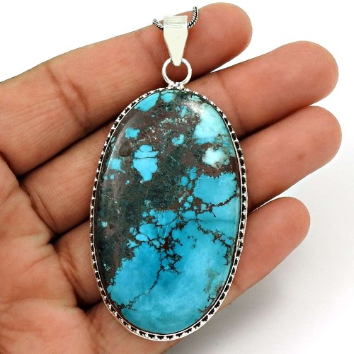 Turquoise Gemstone Pendant 925 Sterling Silver Vintage Jewelry RF12