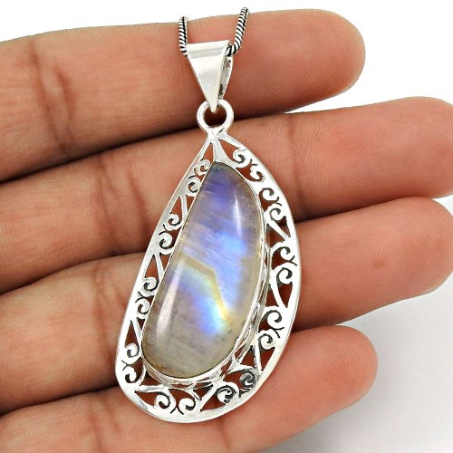 Rainbow Moonstone Gemstone Pendant 925 Sterling Silver Tribal Jewelry QA21