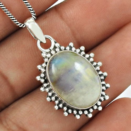 Rainbow Moonstone Pendant 925 Sterling Silver Traditional Jewelry PN79