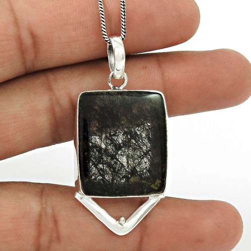 Black Rutile Gemstone Pendant 925 Sterling Silver Stylish Jewelry PN89