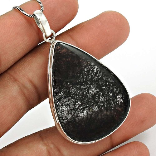 Black Rutile Gemstone Pendant 925 Sterling Silver Tribal Jewelry PN97