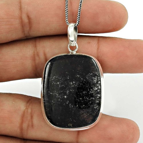 Black Rutile Gemstone Pendant 925 Sterling Silver Traditional Jewelry RQ1
