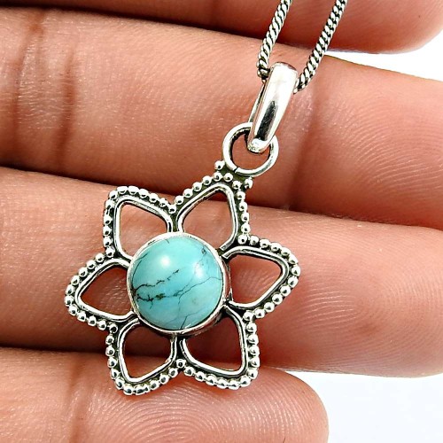 Birthday Gift 925 Sterling Silver Jewelry Turquoise Gemstone Flower Pendant L38