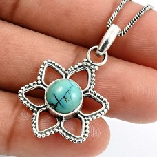 Turquoise Gemstone Flower Pendant 925 Sterling Silver Jewelry M38