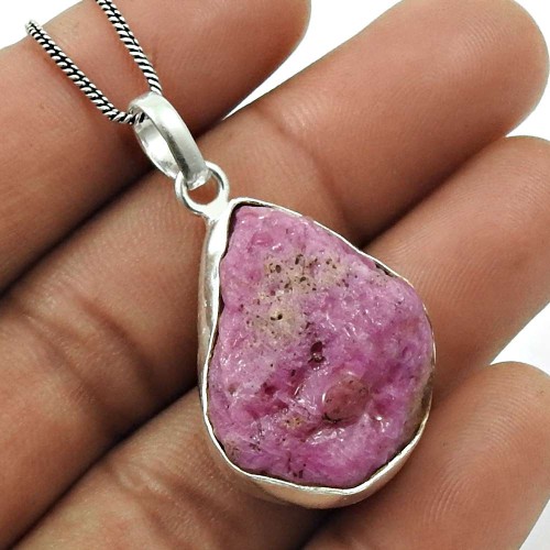 Ruby Rough Stone Pendant 925 Sterling Silver Vintage Look Jewelry H12