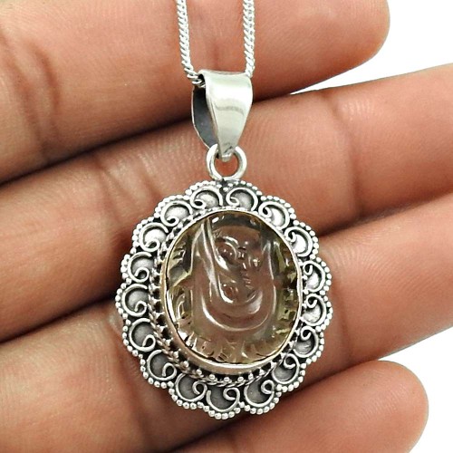 Natural CRYSTAL Gemstone HANDMADE Jewelry 925 Silver Ganesha Pendant AI6