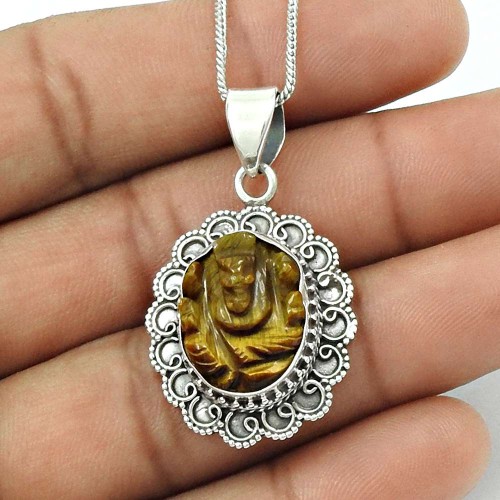 Natural Tiger Eye HANDMADE Jewelry 925 Sterling Silver Ganesha Pendant JJ17