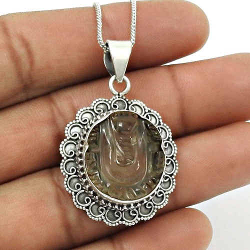 Natural CRYSTAL Gemstone Ganesha Pendant 925 Silver HANDMADE Jewelry RR19