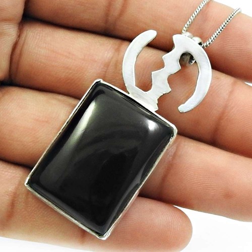 Black Onyx Gemstone Pendant Solid 925 Sterling Silver Traditional Jewelry T13