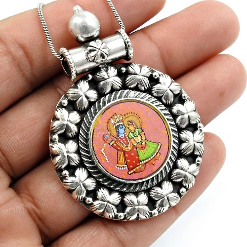 Glass Painting Pendant Oxidized 925 Sterling Silver Indian Temple Jewelry R29