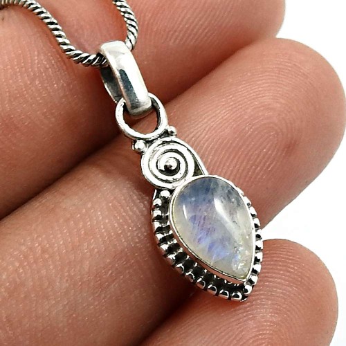 Pear Shape Rainbow Moonstone Gemstone Jewelry 925 Fine Silver Pendant V10