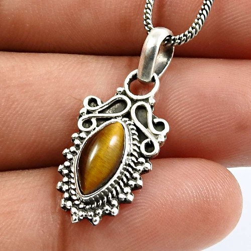 Marquise Shape Tiger'S Eye Gemstone Jewelry 925 Sterling Silver Pendant T12