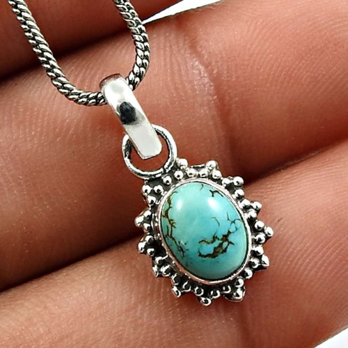 Oval Shape Turquoise Gemstone Jewelry 925 Solid Sterling Silver Pendant G13