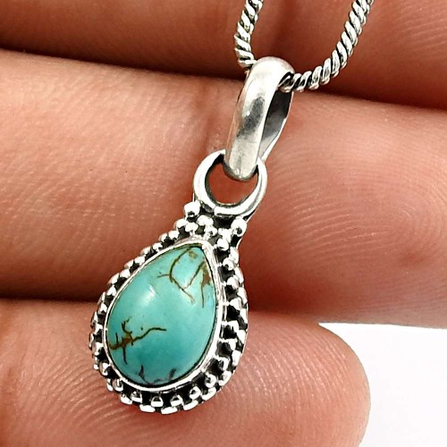 Pear Shape Turquoise Gemstone HANDMADE Jewelry 925 Sterling Silver Pendant B14