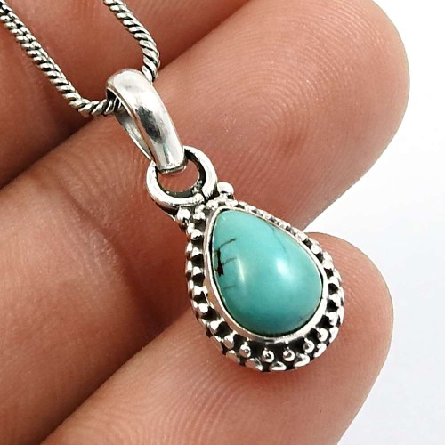 HANDMADE 925 Sterling Silver Jewelry Pear Shape Turquoise Gemstone Pendant C14