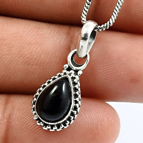 HANDMADE 925 Sterling Silver Jewelry Pear Shape Black Onyx Gemstone Pendant M14