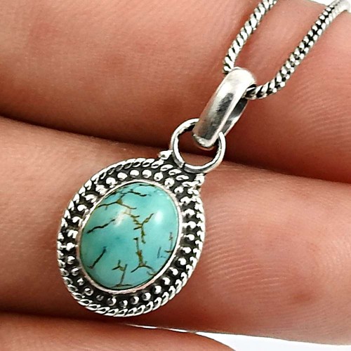Oval Shape Turquoise Gemstone Jewelry 925 Solid Sterling Silver Pendant A18