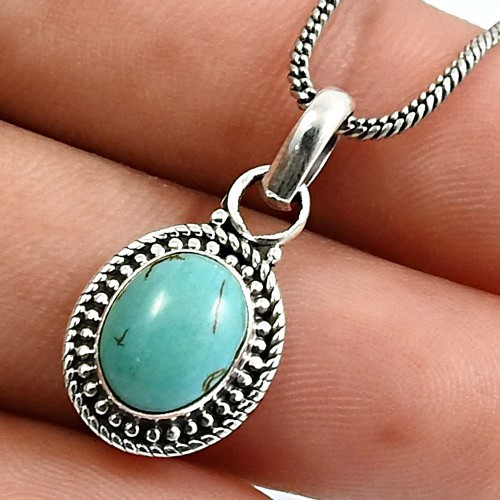 Oval Shape Turquoise Gemstone Jewelry 925 Solid Sterling Silver Pendant C18