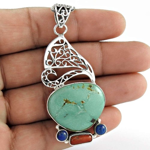 Stylish 925 Sterling Silver Turquoize, Lapis, Coral Pendant
