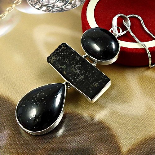 Black Tourmaline Gemstone Healing Pendant 925 Sterling Silver Jewelry G39