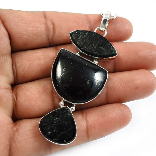Black Tourmaline Gemstone Healing Power Pendant 925 Silver Fine Jewelry H39