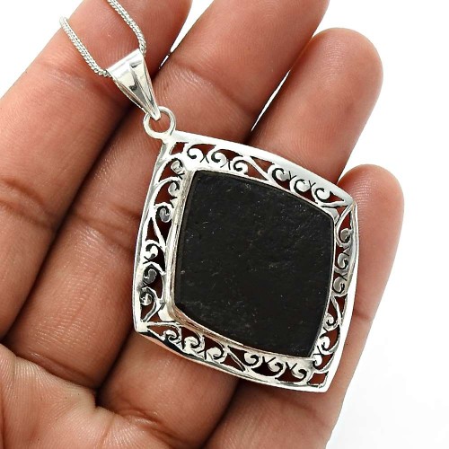 925 Sterling Fine Silver Jewelry Black Tourmaline Gemstone Healing Pendant R13