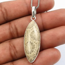 Fossil Coral Gemstone Jewelry 925 Fine Sterling Silver Pendant M39